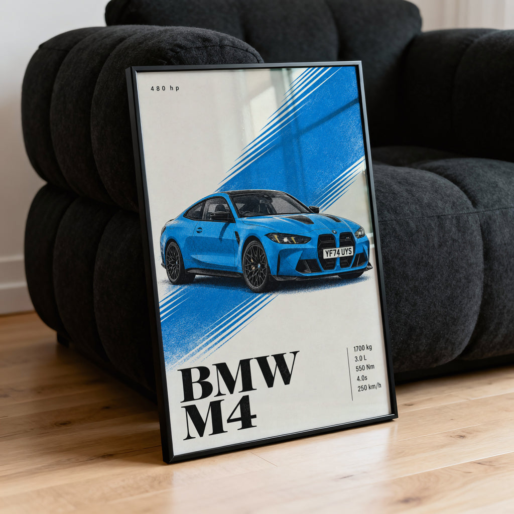Vintage BMW M4 Print, Blue Car Wall Art