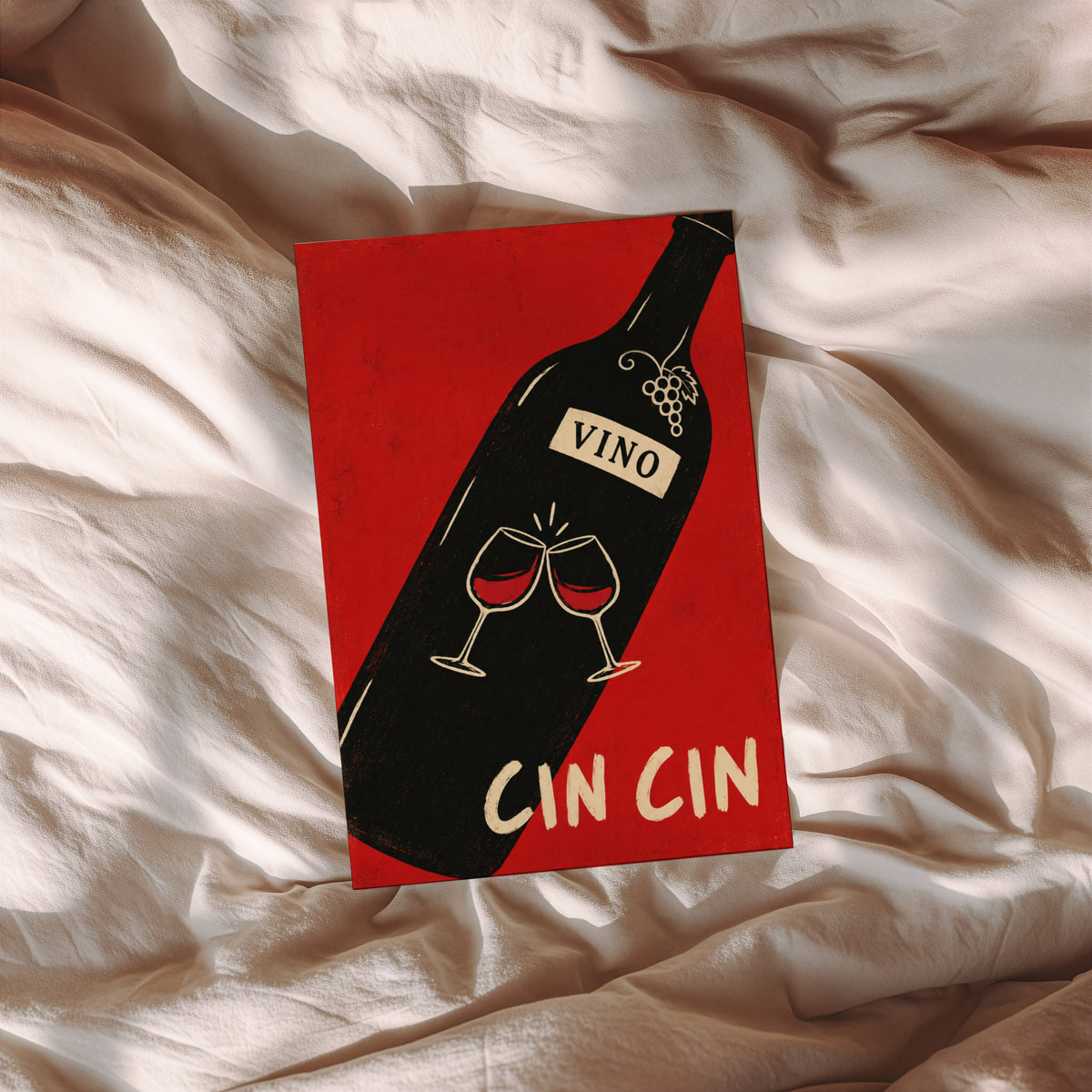 Vintage Cin Cin Wine Print Poster, Red Kitchen Art