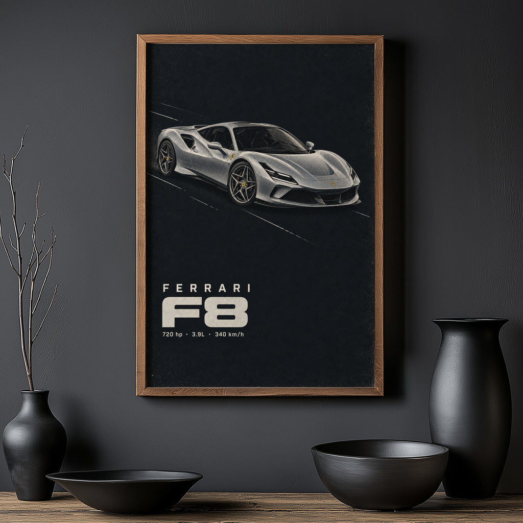 Vintage Ferrari F8 Print, Supercar Wall Art