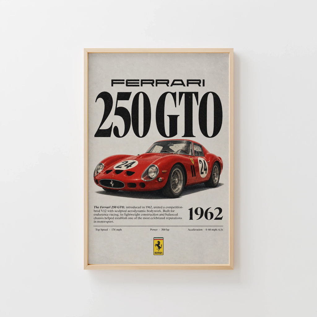 Vintage 1962 Ferrari 250 GTO Print, Classic Car Poster
