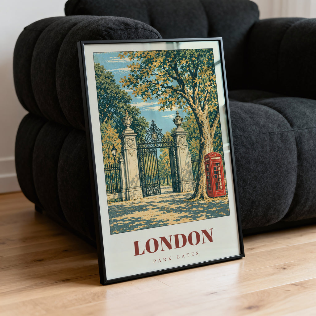 Vintage London Park Gates Poster, Red Phone Box Print