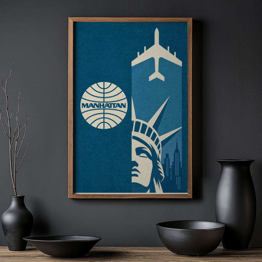 Vintage Manhattan Poster, Airline Wall Art, NYC Print