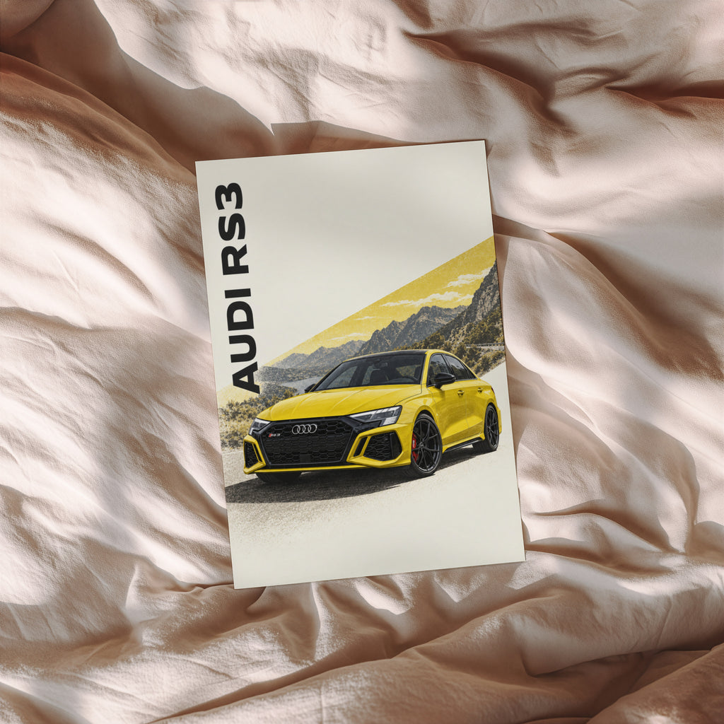 Vintage Audi RS3 Print, Yellow Car Wall Art