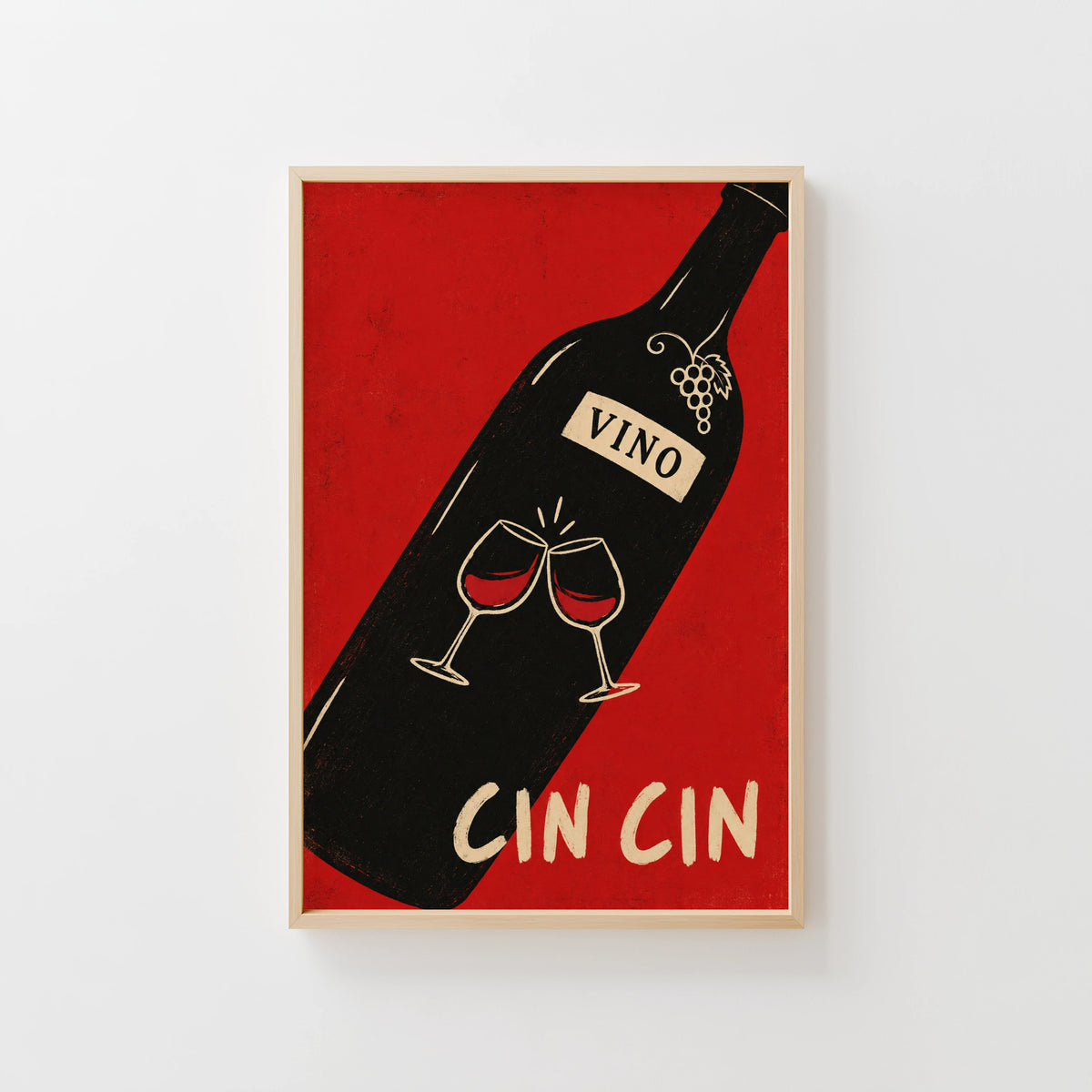 Vintage Cin Cin Wine Print Poster, Red Kitchen Art