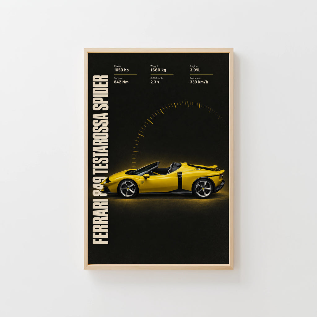 Vintage Ferrari Print, Yellow Supercar Wall Art