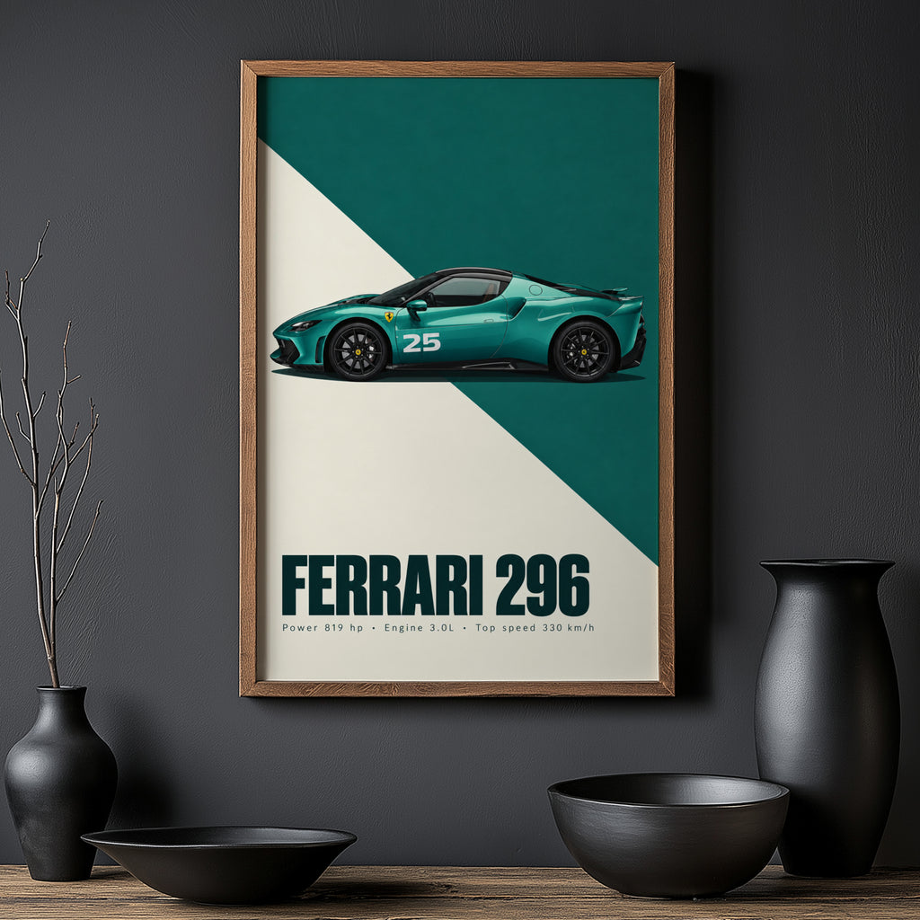 Vintage Ferrari 296 Print, Teal Car Wall Art