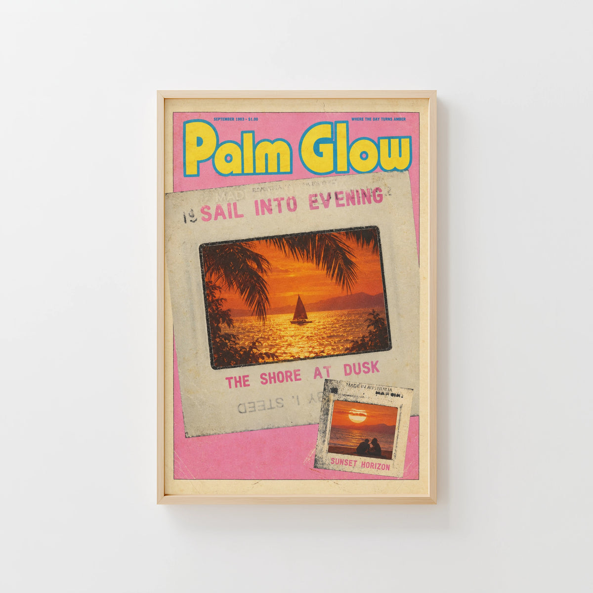 Vintage Palm Glow Print and Poster, Sunset Sailboat Art