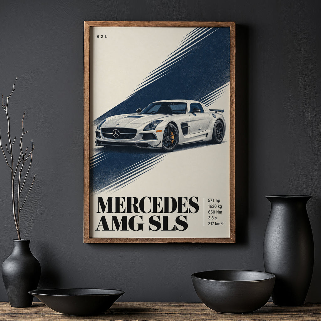 Vintage Mercedes AMG SLS Print Poster, Car Wall Art