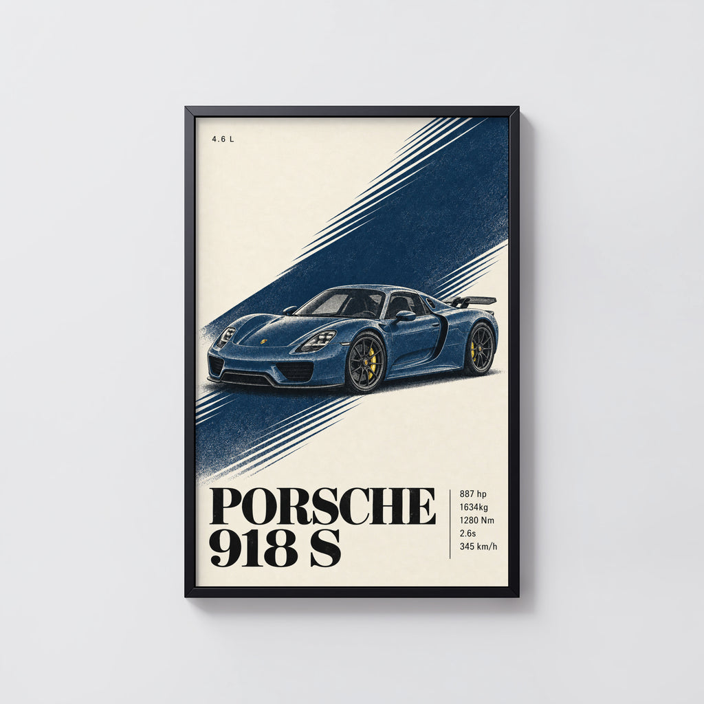 Vintage Porsche 918 S Print, Blue Car Wall Art