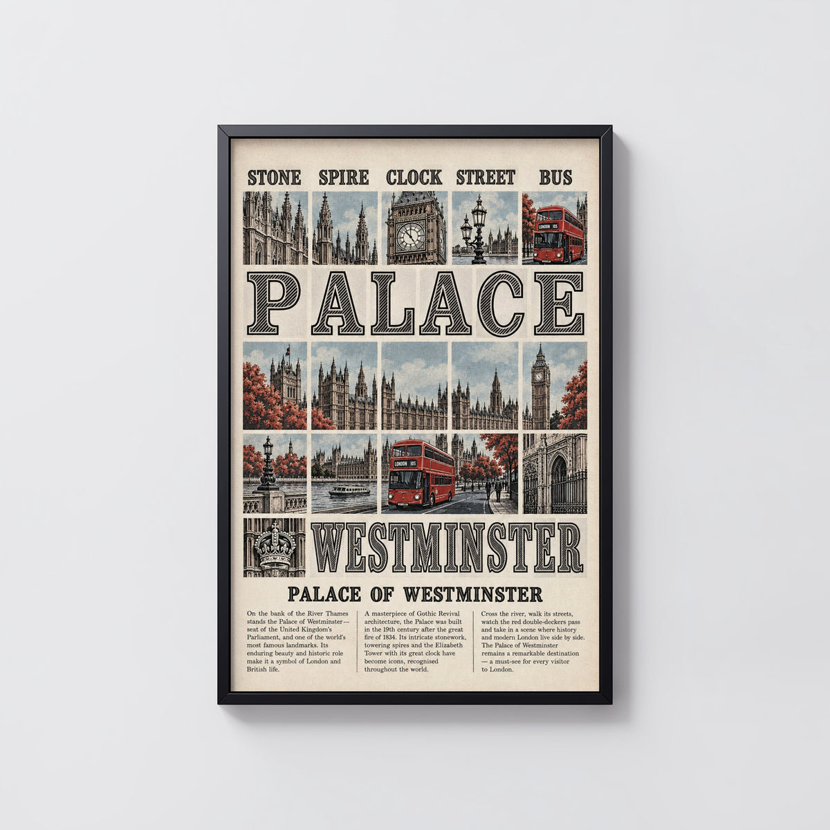 Vintage Palace of Westminster London Poster, Wall Art Print