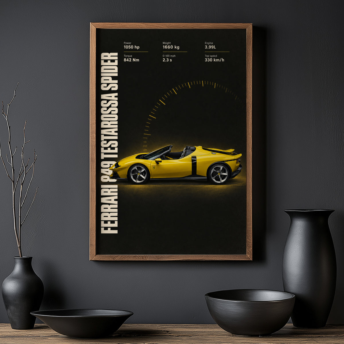 Vintage Ferrari Print, Yellow Supercar Wall Art