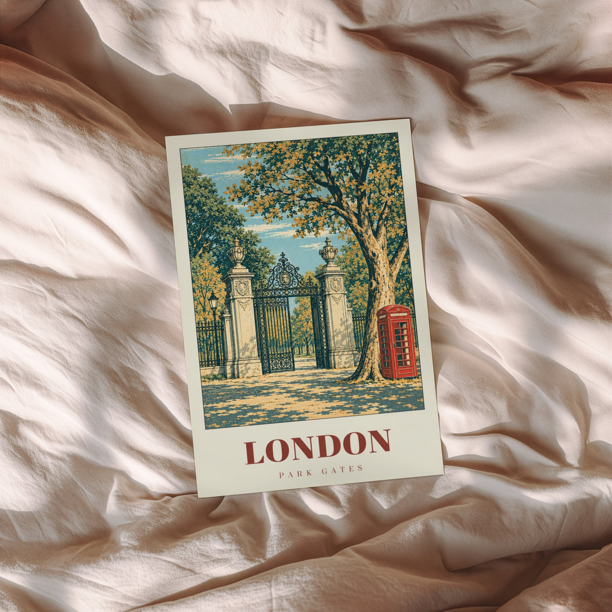 Vintage London Park Gates Poster, Red Phone Box Print