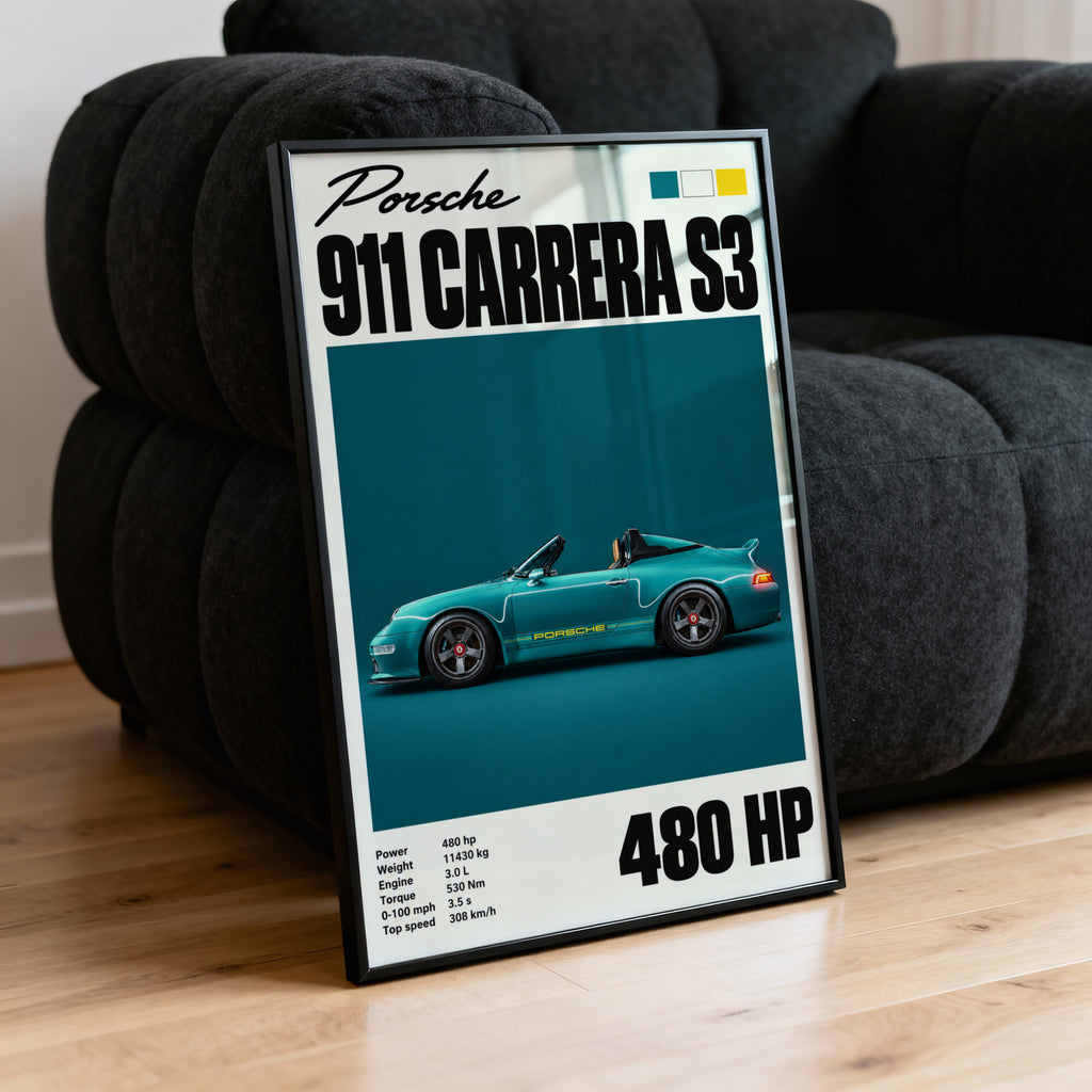 Vintage Porsche 911 Carrera S3 Print, Teal Car Art
