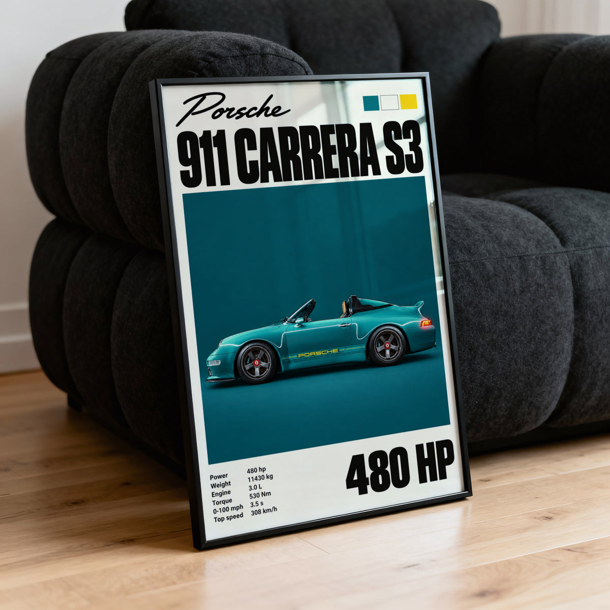 Vintage Porsche 911 Carrera S3 Print, Teal Car Art