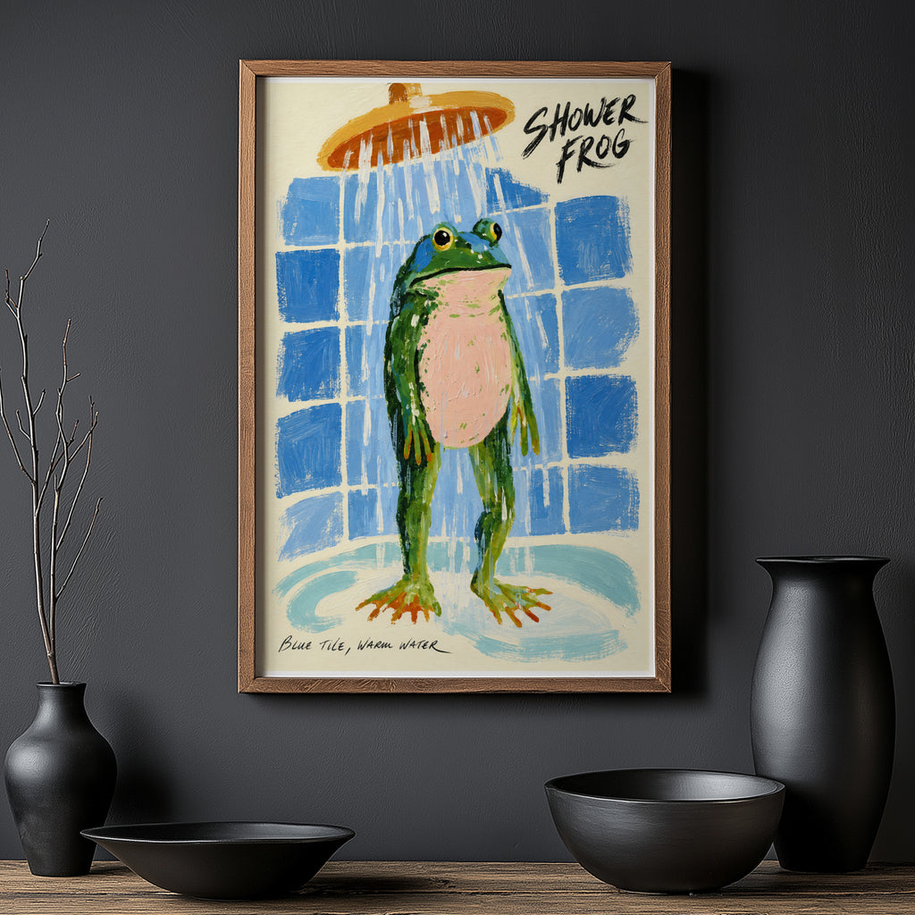 Vintage Shower Frog Print Poster, Bathroom Wall Art