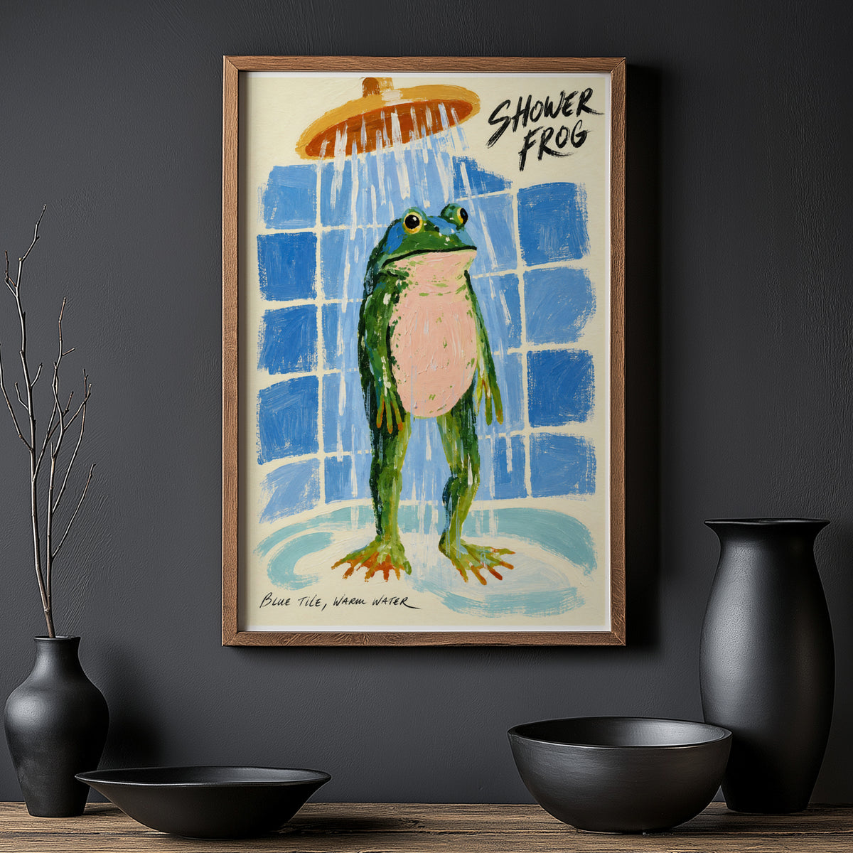 Vintage Shower Frog Print Poster, Bathroom Wall Art