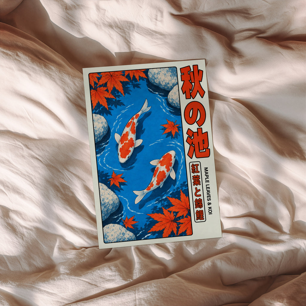 Vintage Japanese Koi Print, Maple Leaves Poster, Pond Art