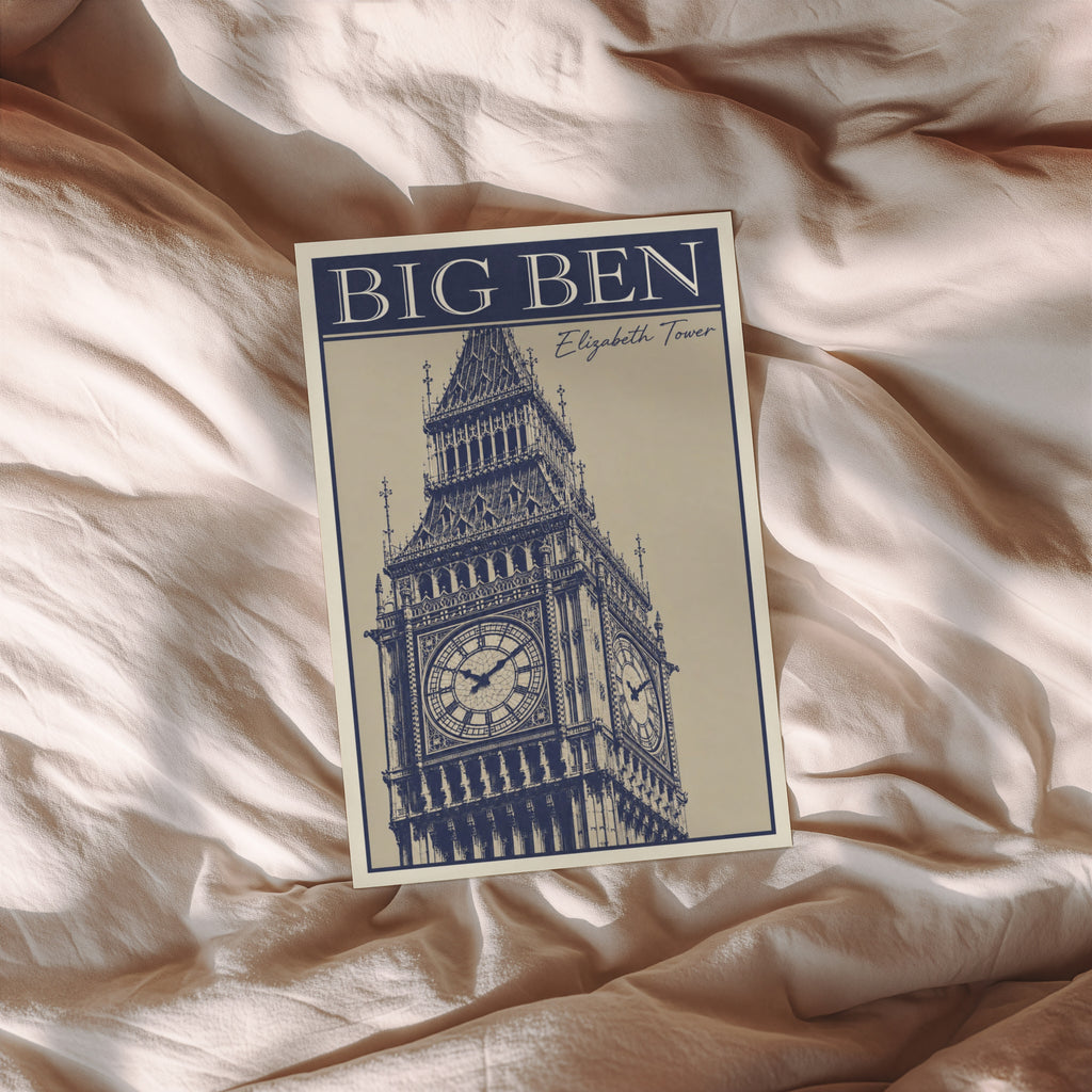 Vintage Big Ben London Poster, Navy Wall Art, Print