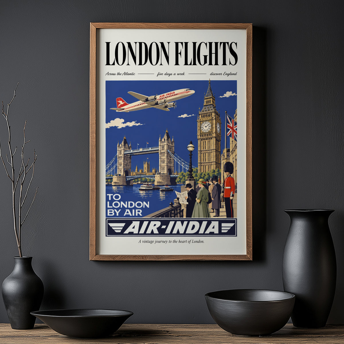Vintage London Poster, Air-India Travel Wall Art Print