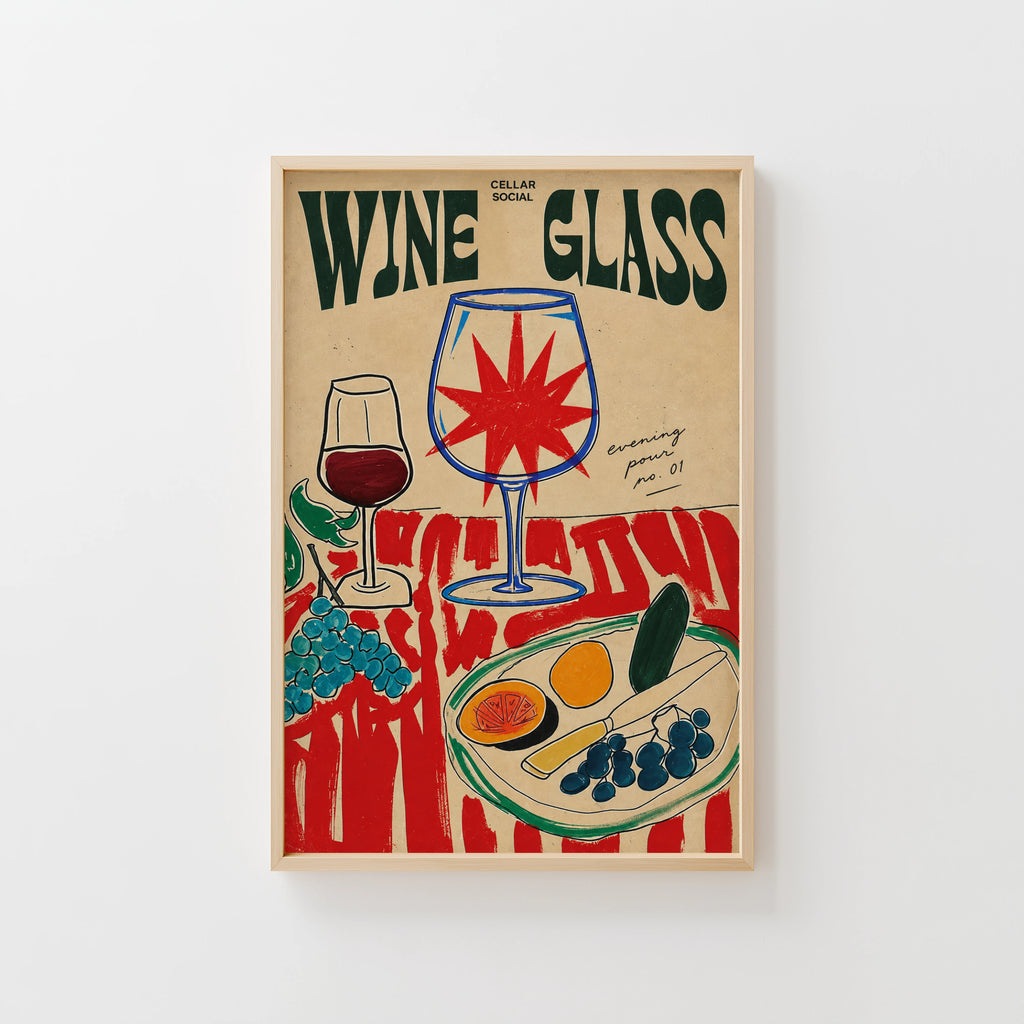 Vintage Wine Glass Print Poster, Cellar Social Wall Art