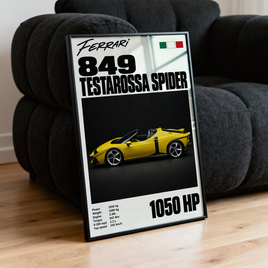 Vintage Ferrari Print, Yellow Supercar Wall Art