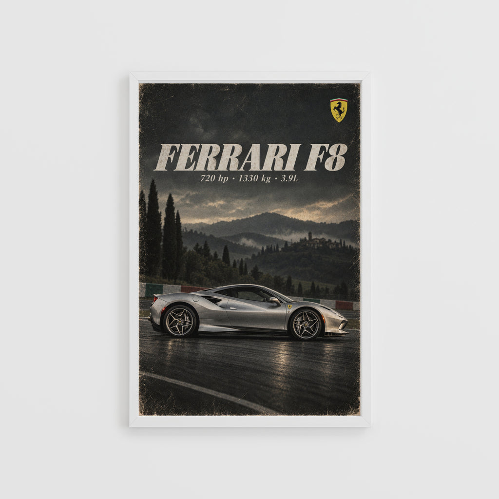 Vintage Ferrari F8 Print, Supercar Wall Art