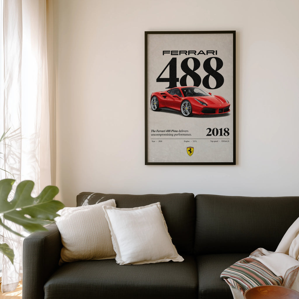 Vintage Ferrari 488 Pista Print, Red Supercar Art