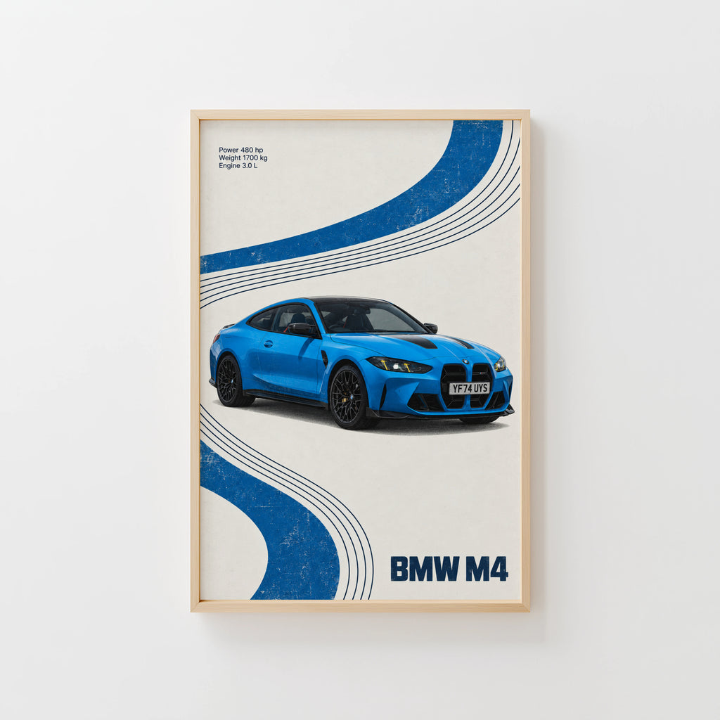 Vintage BMW M4 Print, Blue Retro Car Wall Art