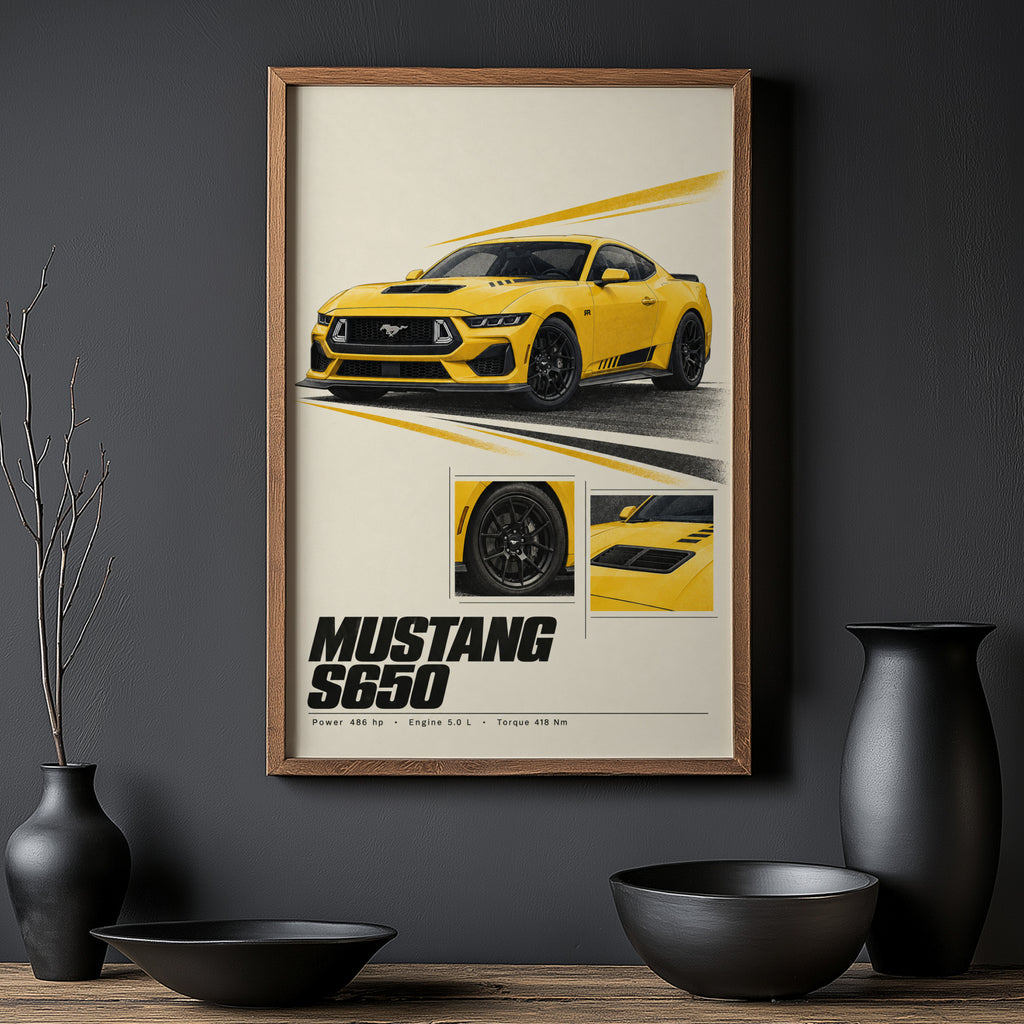 Vintage Mustang Print, Yellow Muscle Car Wall Art