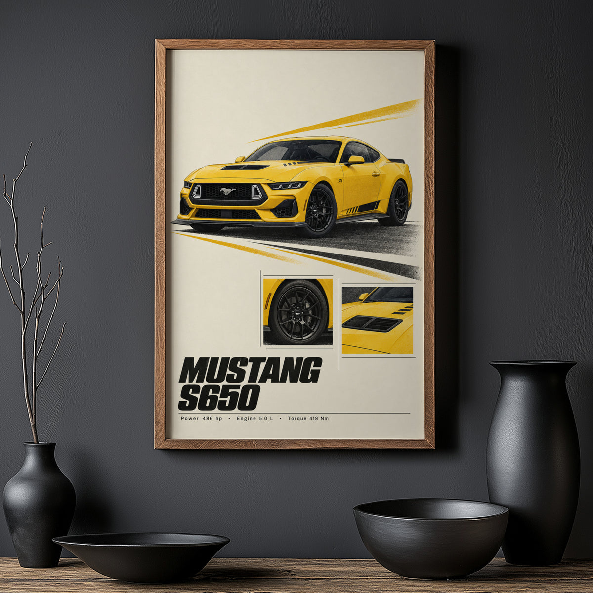 Vintage Mustang Print, Yellow Muscle Car Wall Art