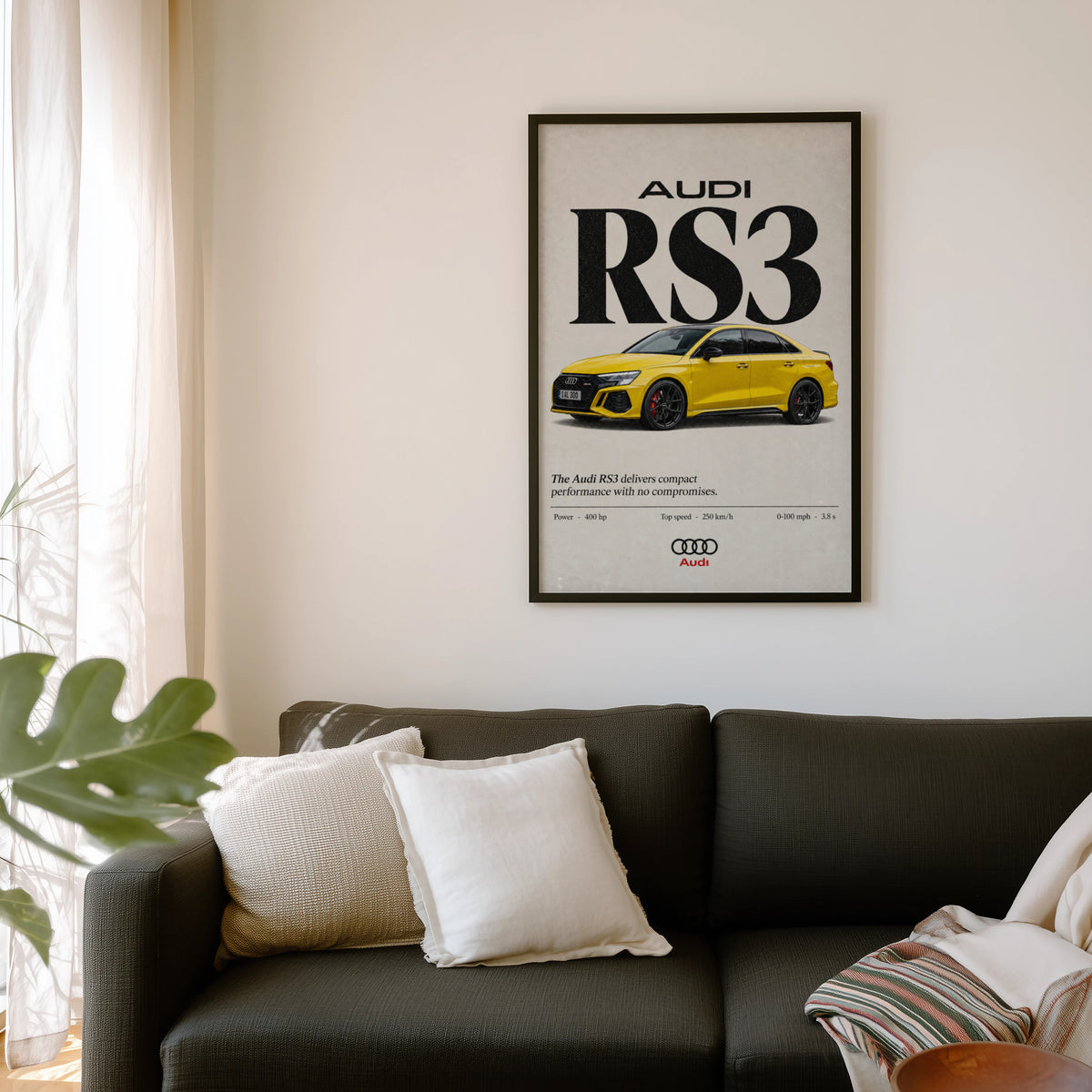Vintage Audi RS3 Print, Yellow Sports Car Wall Art