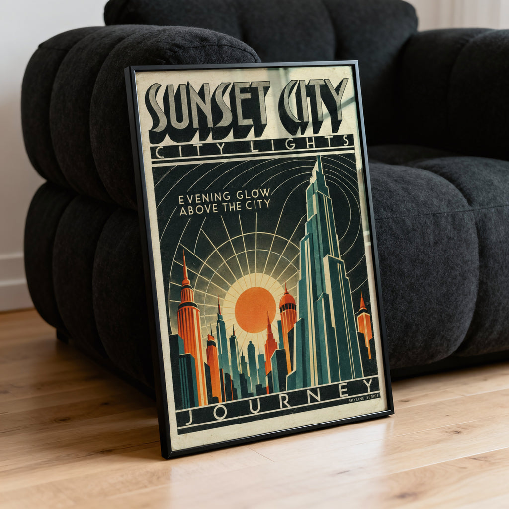 Vintage Sunset City Poster, Art Deco Skyline Print