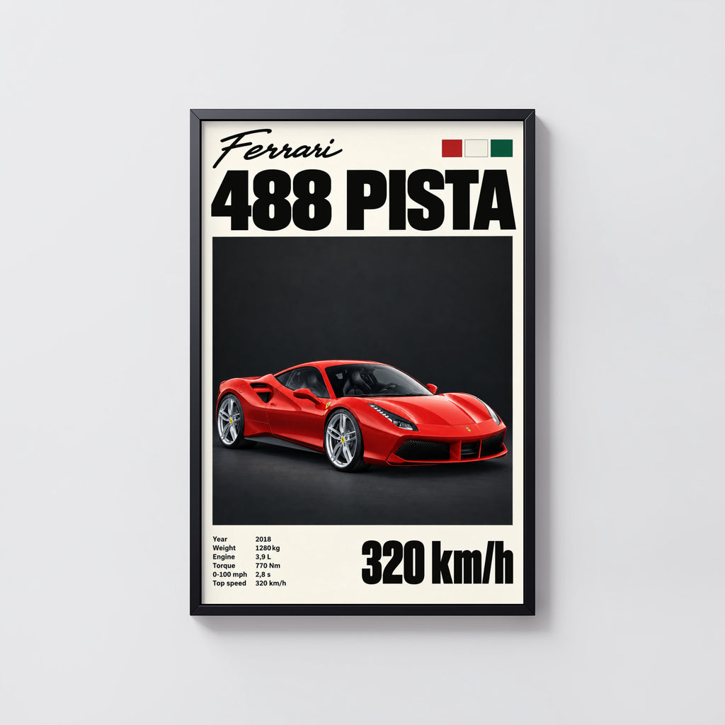Vintage Ferrari 488 Pista Print, Supercar Wall Art