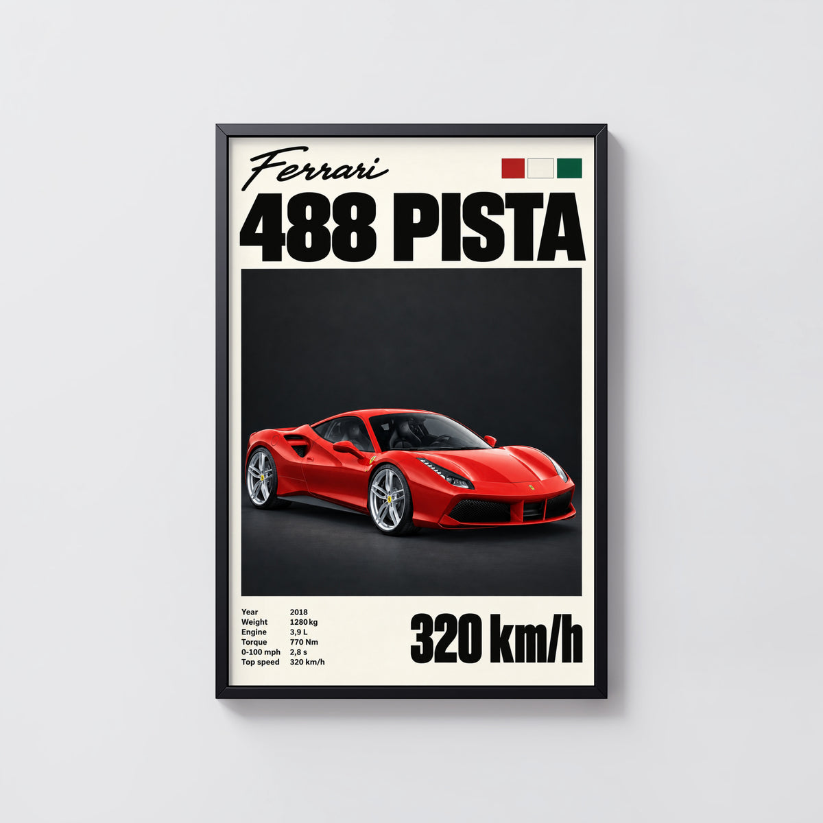 Vintage Ferrari 488 Pista Print, Supercar Wall Art