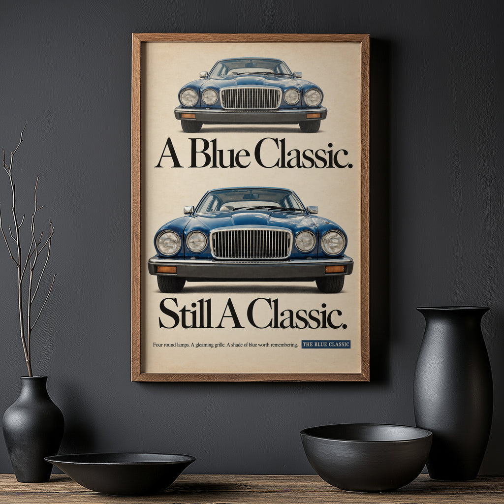 Vintage Blue Classic Car Print, Retro Advert Wall Art