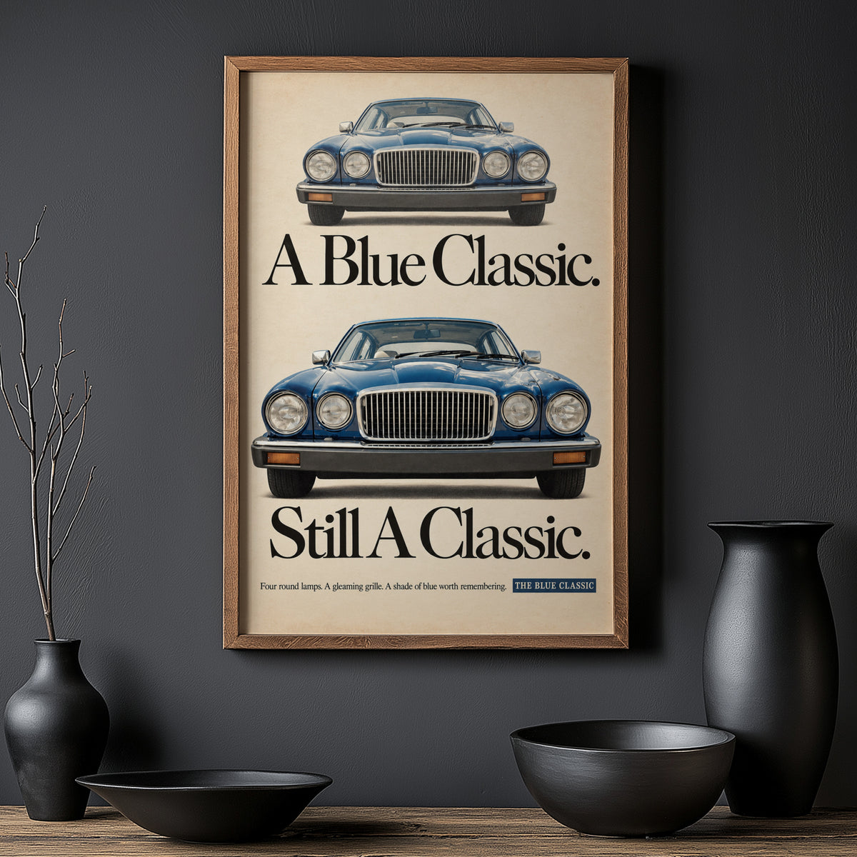 Vintage Blue Classic Car Print, Retro Advert Wall Art