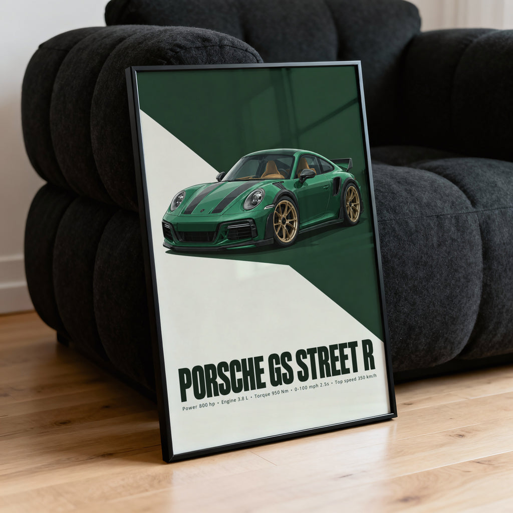 Vintage Porsche GS Street R Print, Green Car Art