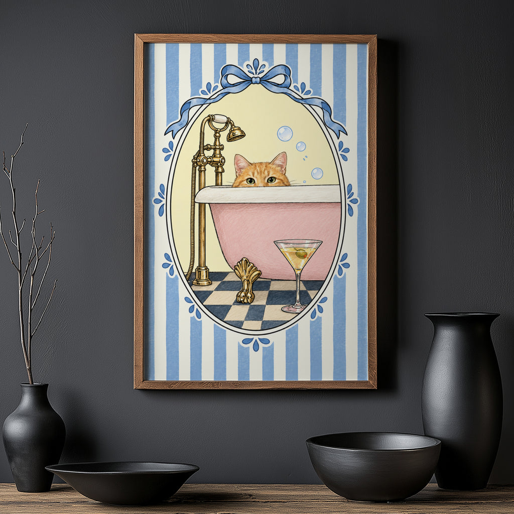 Vintage Cat Bathtub Print and Poster, Bathroom Wall Art