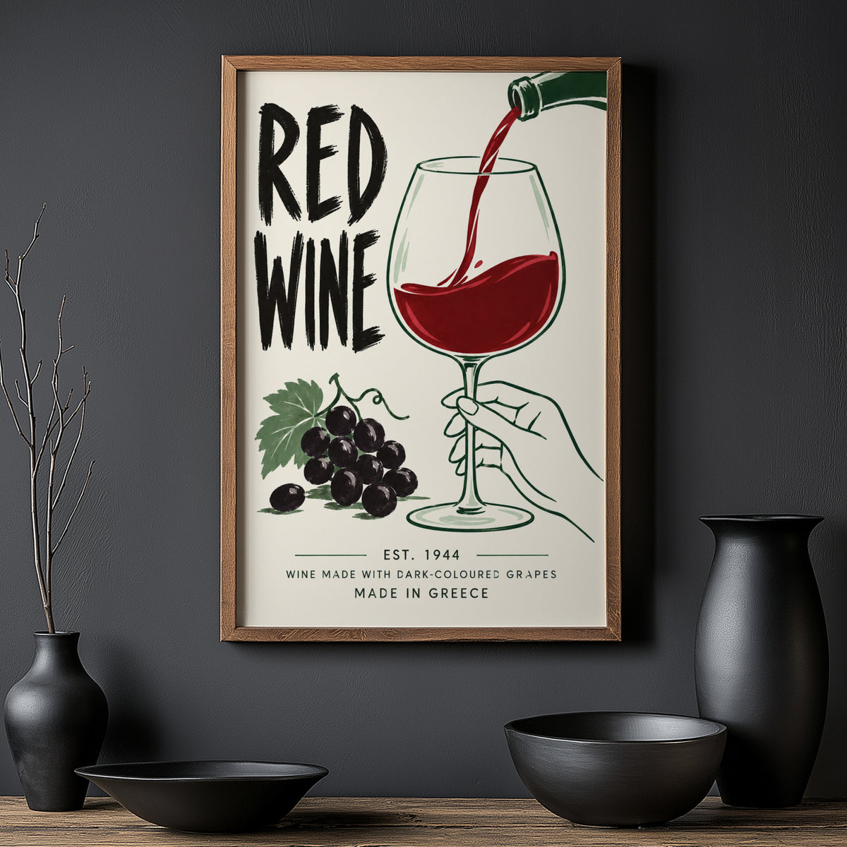 Vintage Red Wine Print Poster, Kitchen Wall Art, Greece