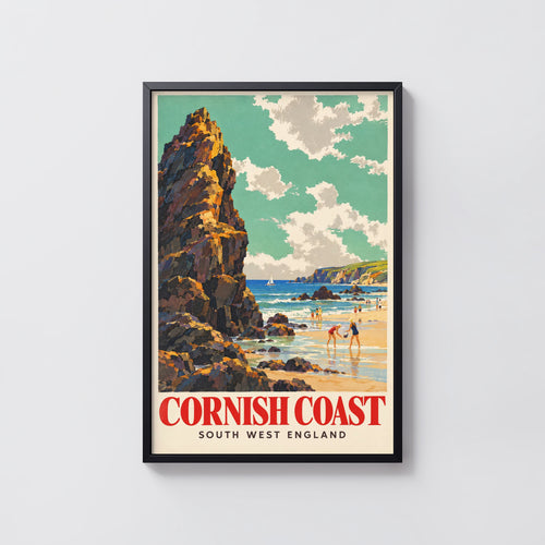 Vintage Cornish Coast Poster, Seaside Wall Art, Beach Print