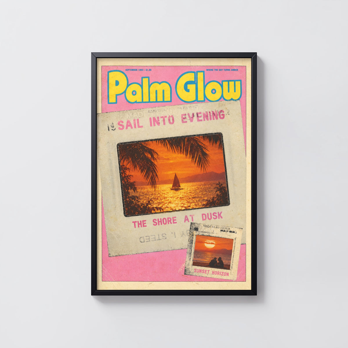 Vintage Palm Glow Print and Poster, Sunset Sailboat Art
