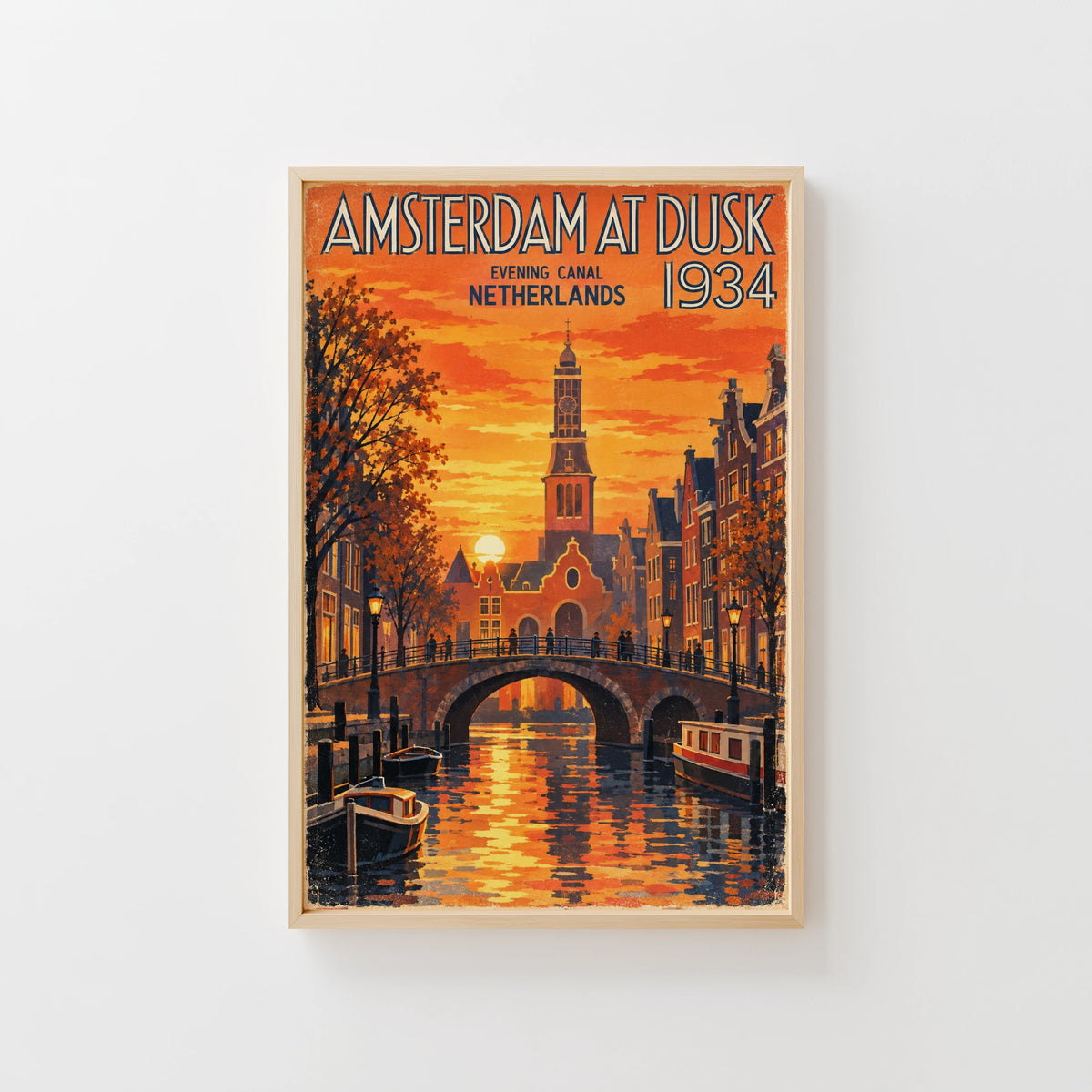 Vintage Amsterdam Poster, Canal Sunset Wall Art, Print