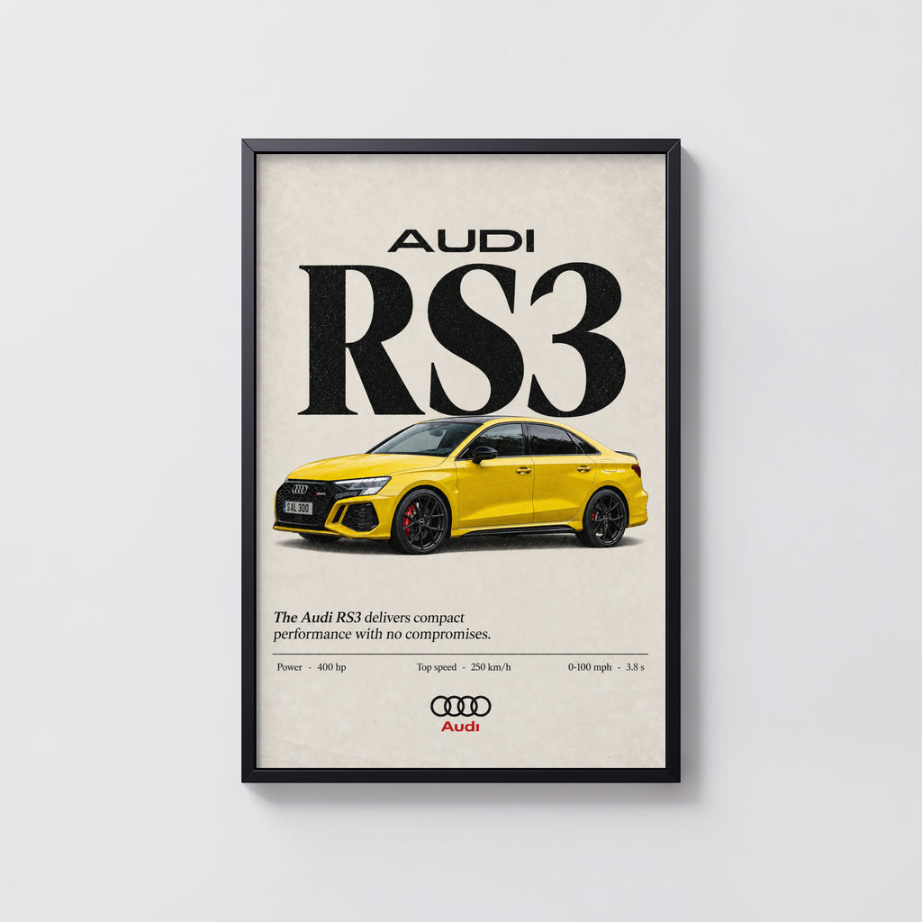Vintage Audi RS3 Print, Yellow Sports Car Wall Art