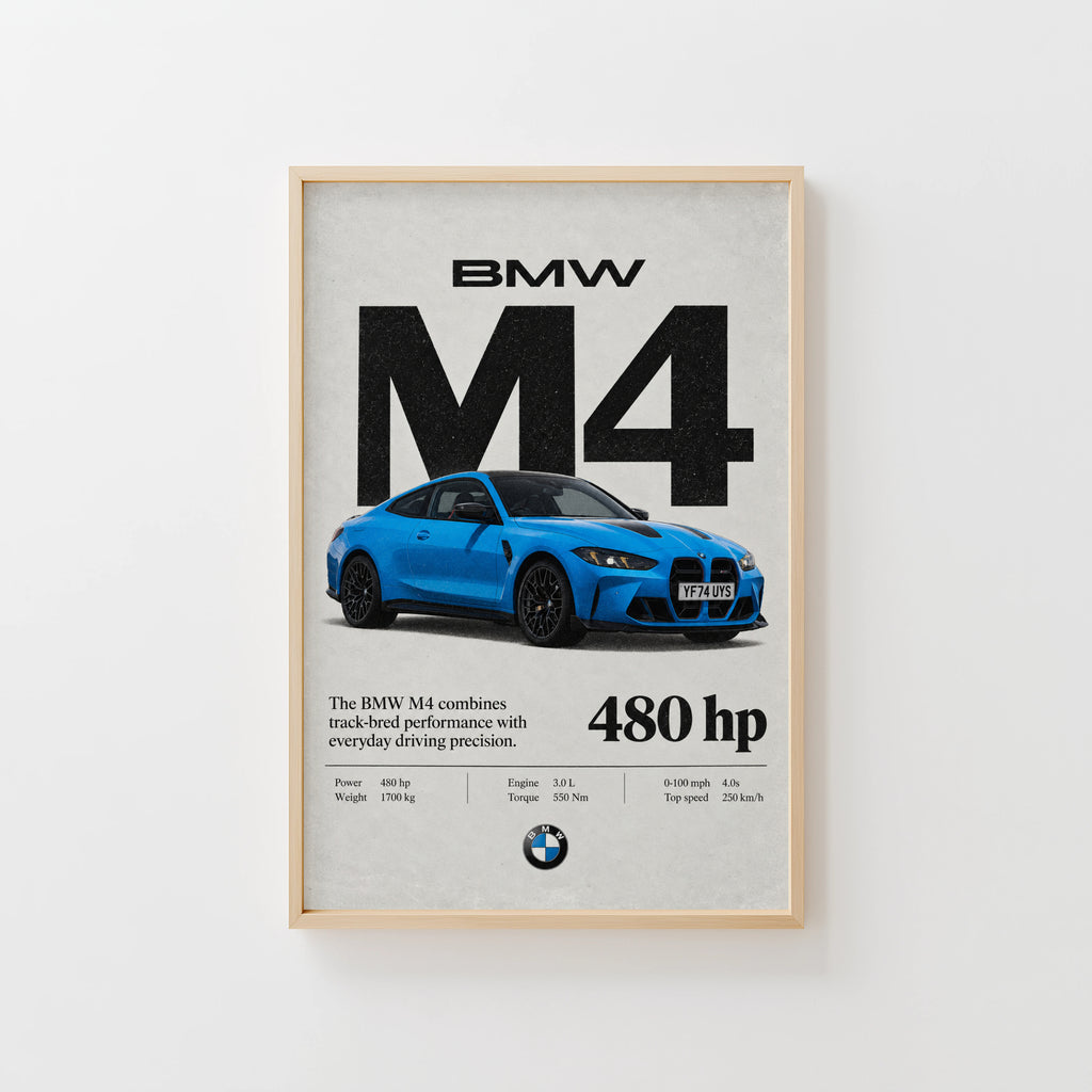 Vintage BMW M4 Print, Blue Coupe Wall Art