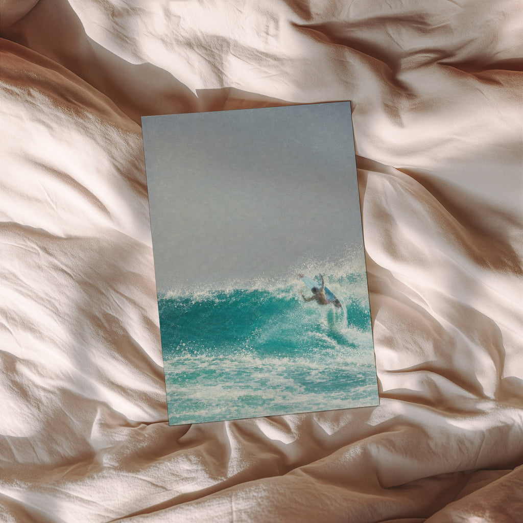 Vintage Surf Print Poster, Turquoise Wave Wall Art