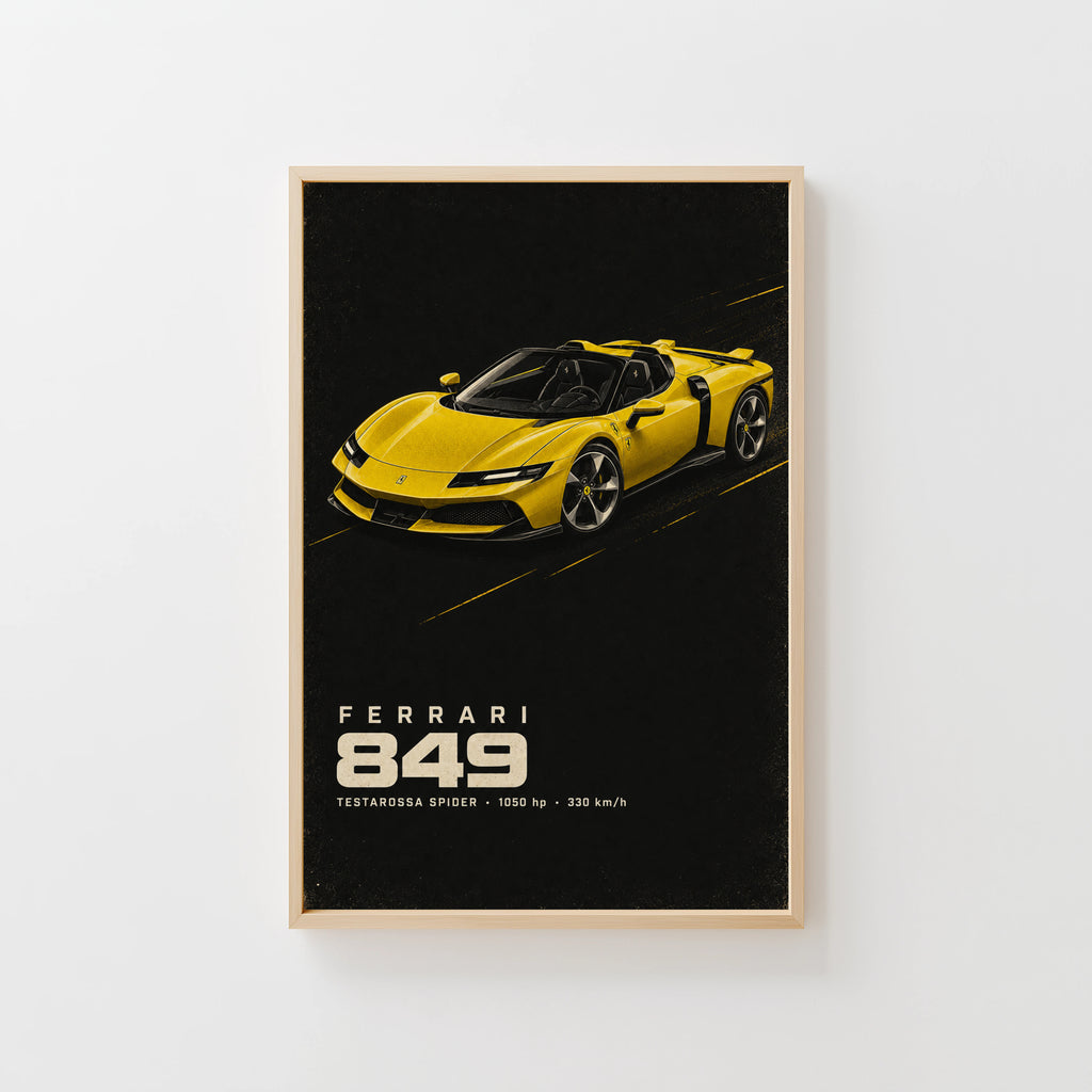 Vintage Ferrari Print, Yellow Supercar Wall Art