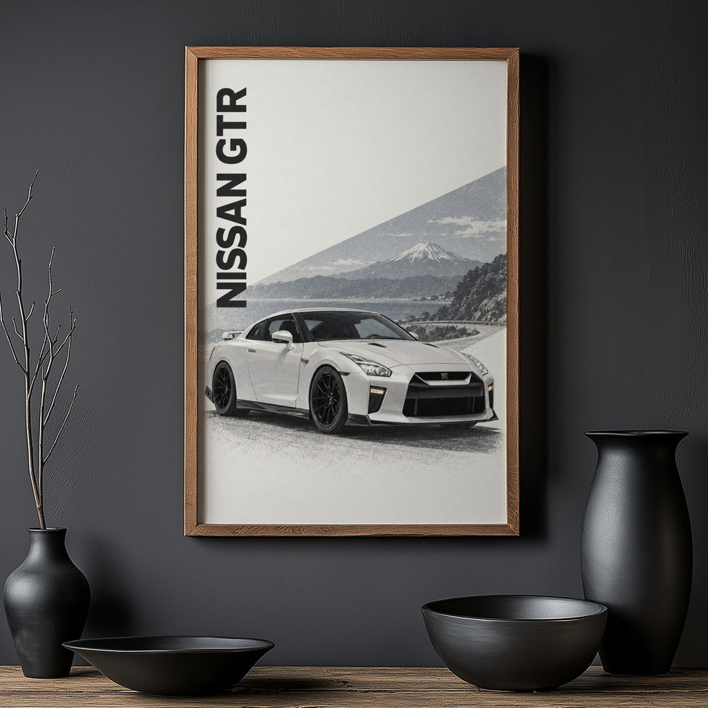 Vintage Nissan GTR Print, Mount Fuji Car Wall Art