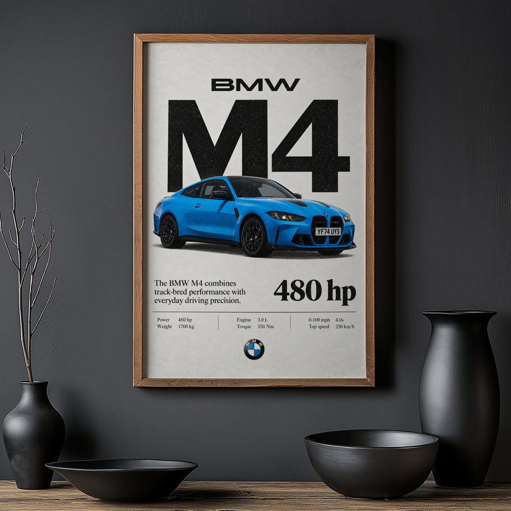 Vintage BMW M4 Print, Blue Coupe Wall Art