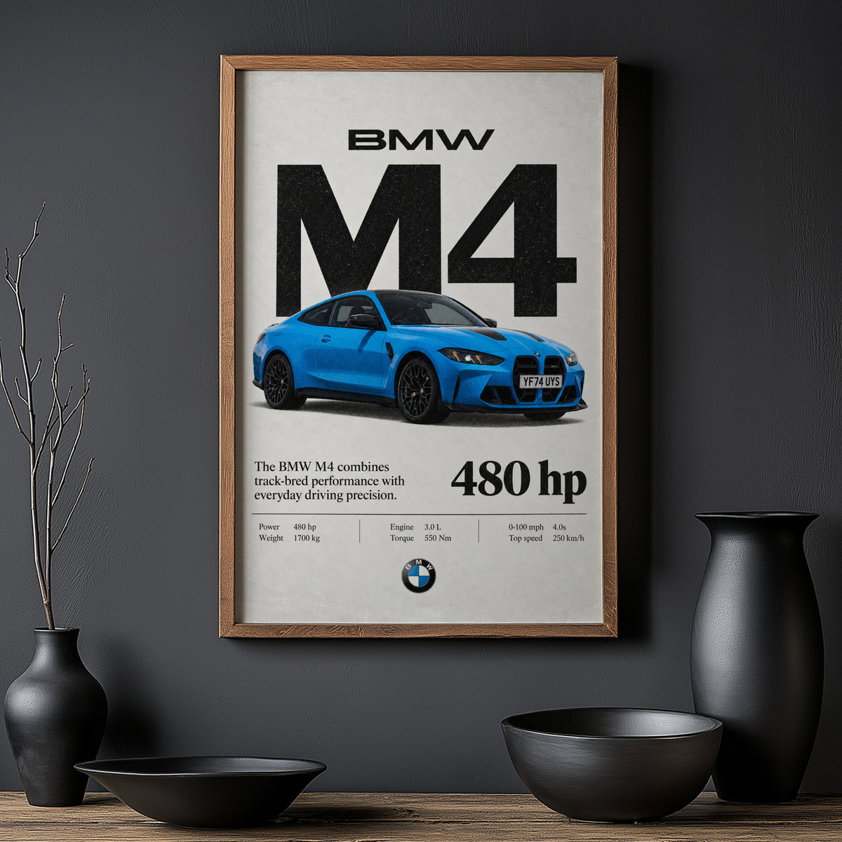 Vintage BMW M4 Print, Blue Coupe Wall Art