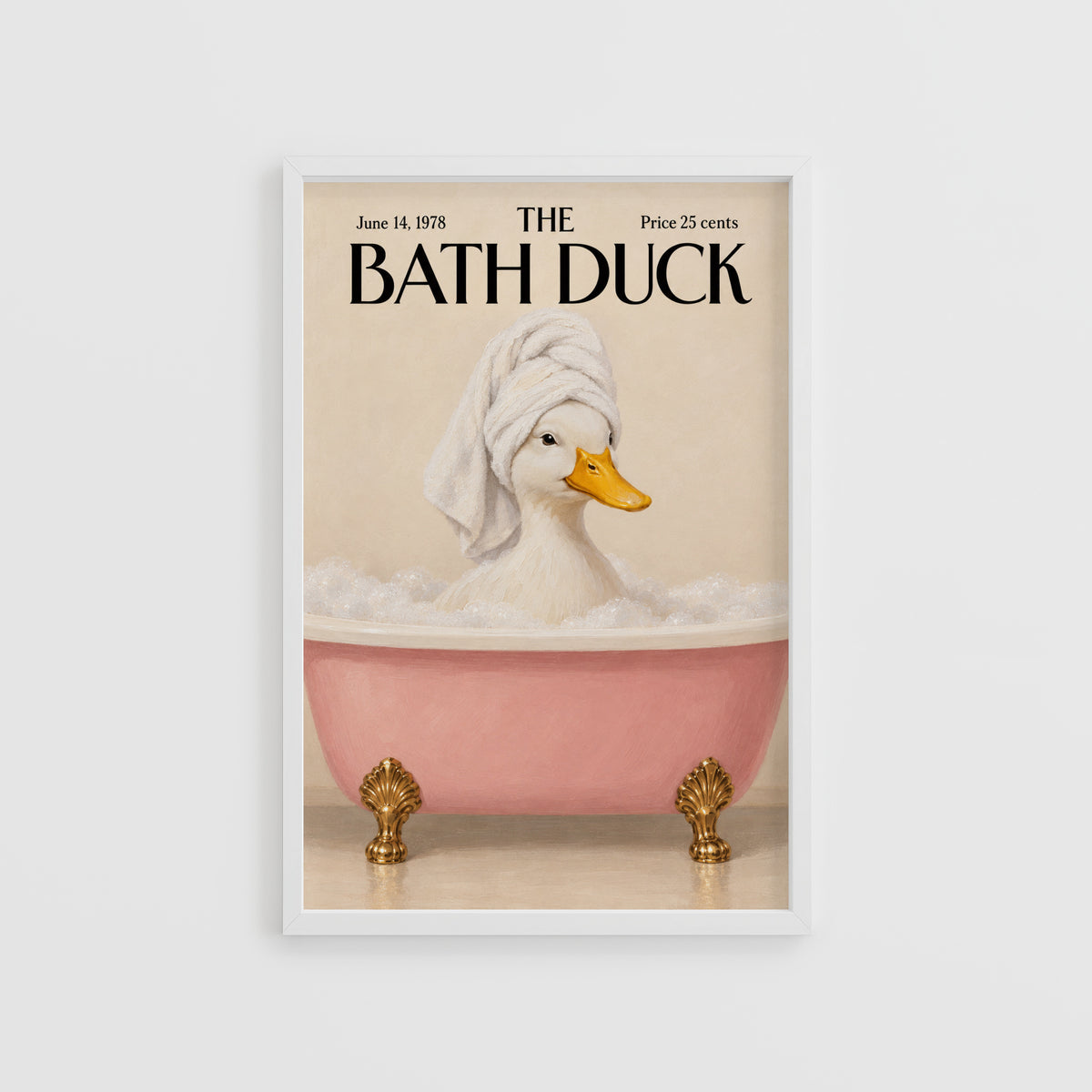 Vintage Bath Duck Print, Pink Bathtub Poster